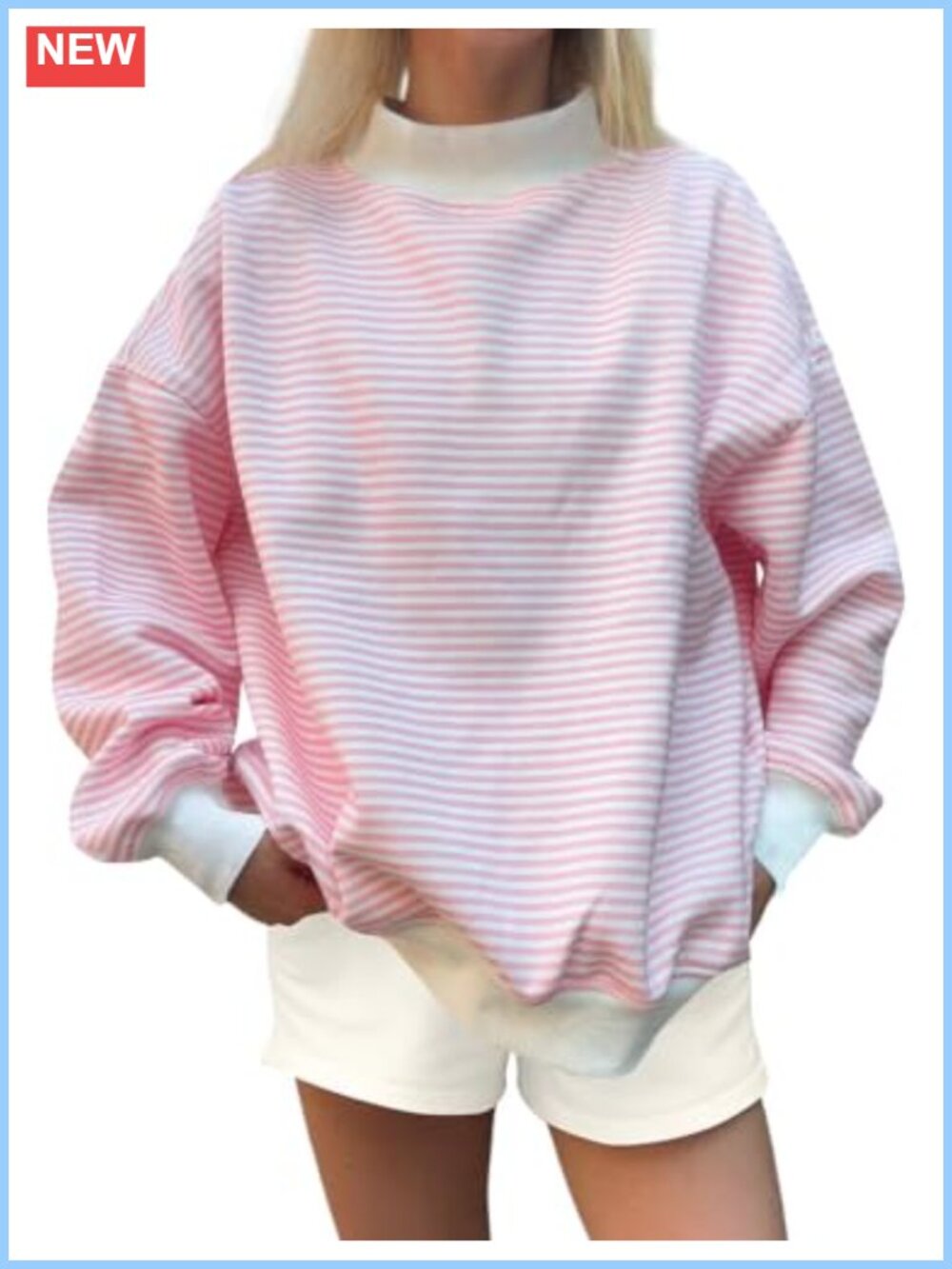 Women's Oversized Striped Mock Neck Sweatshirt Long Sleeve Lounge Pullover